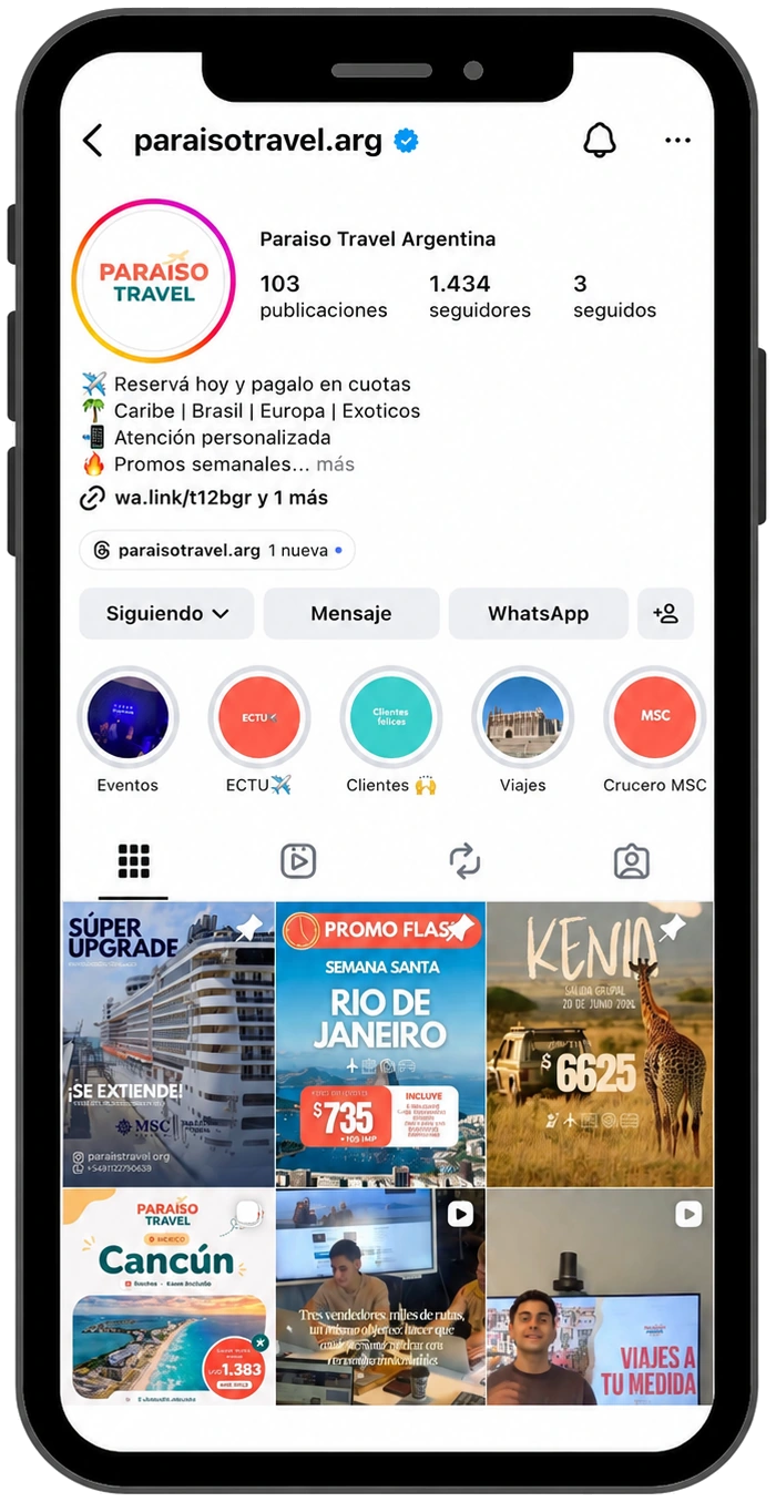 Perfil de Instagram de Paraíso Travel en celular